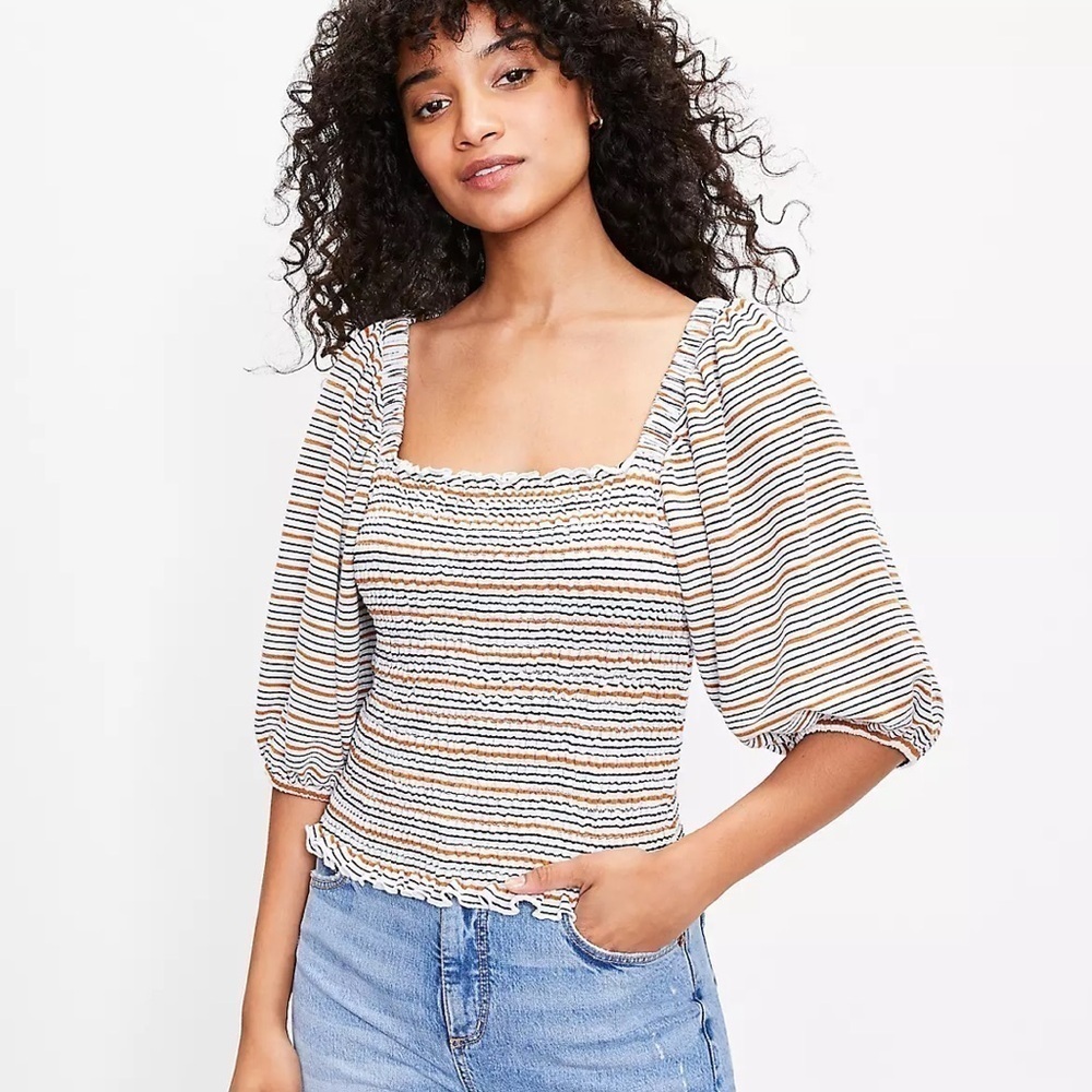 LOFT Women's Striped Smocked Puff Sleeve Blouse Size xs Multicolor